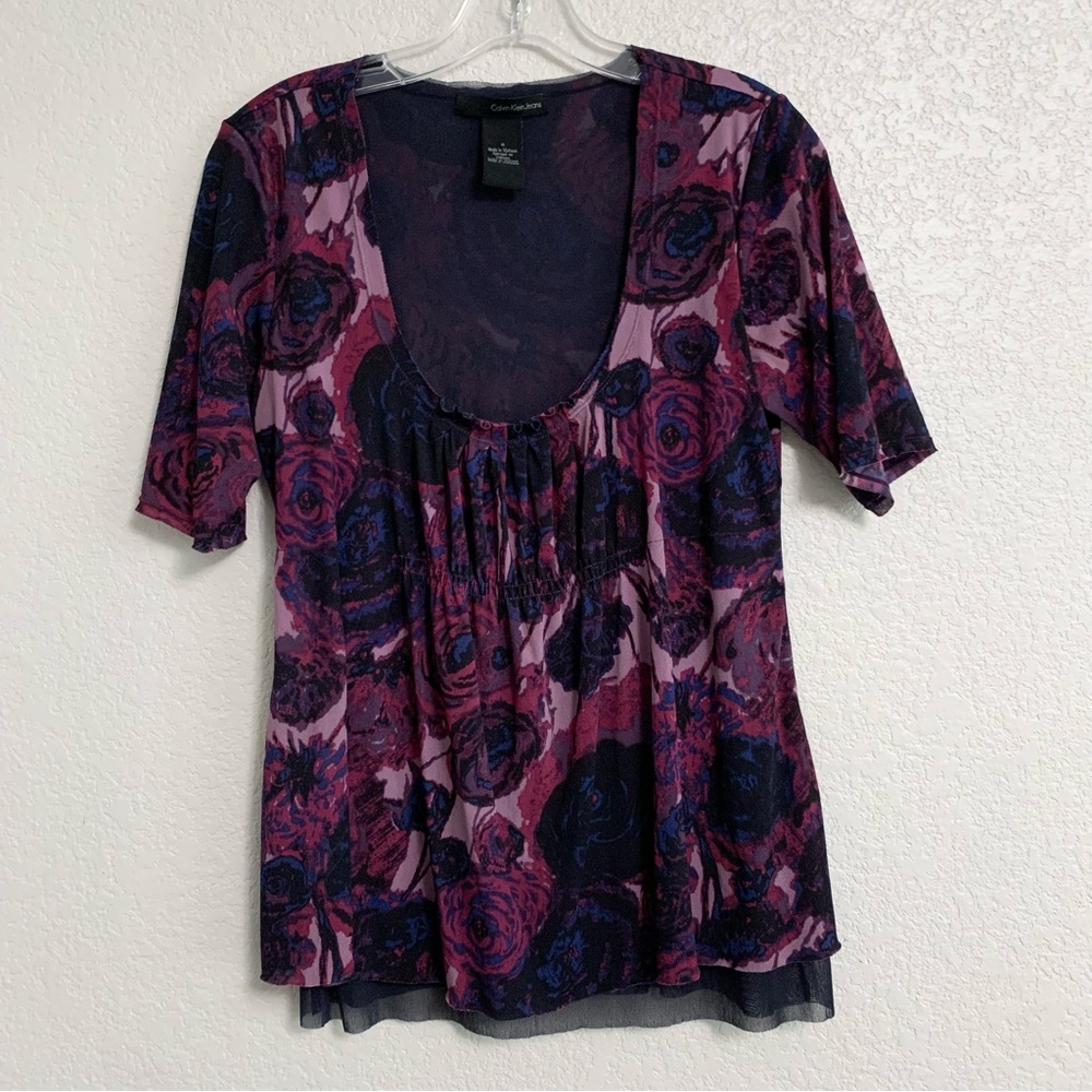 Calvin Klein Mesh Top Women M Y2K Babydoll Empire Floral Whimsigoth Fairy Grunge